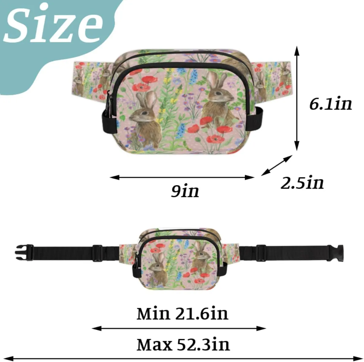 Fanny Pack for Women Men Cute Rabbit Crossbody Belt Bag with 3 Zipper Pockets Fashion Waterproof Waist Pack with Adjustable Strap for Travel Running Hiking Cycling