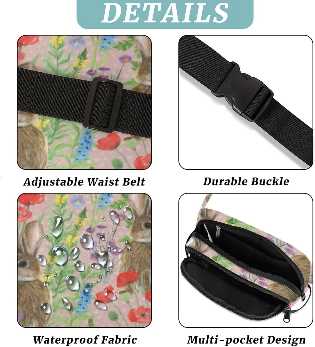 Fanny Pack for Women Men Cute Rabbit Crossbody Belt Bag with 3 Zipper Pockets Fashion Waterproof Waist Pack with Adjustable Strap for Travel Running Hiking Cycling