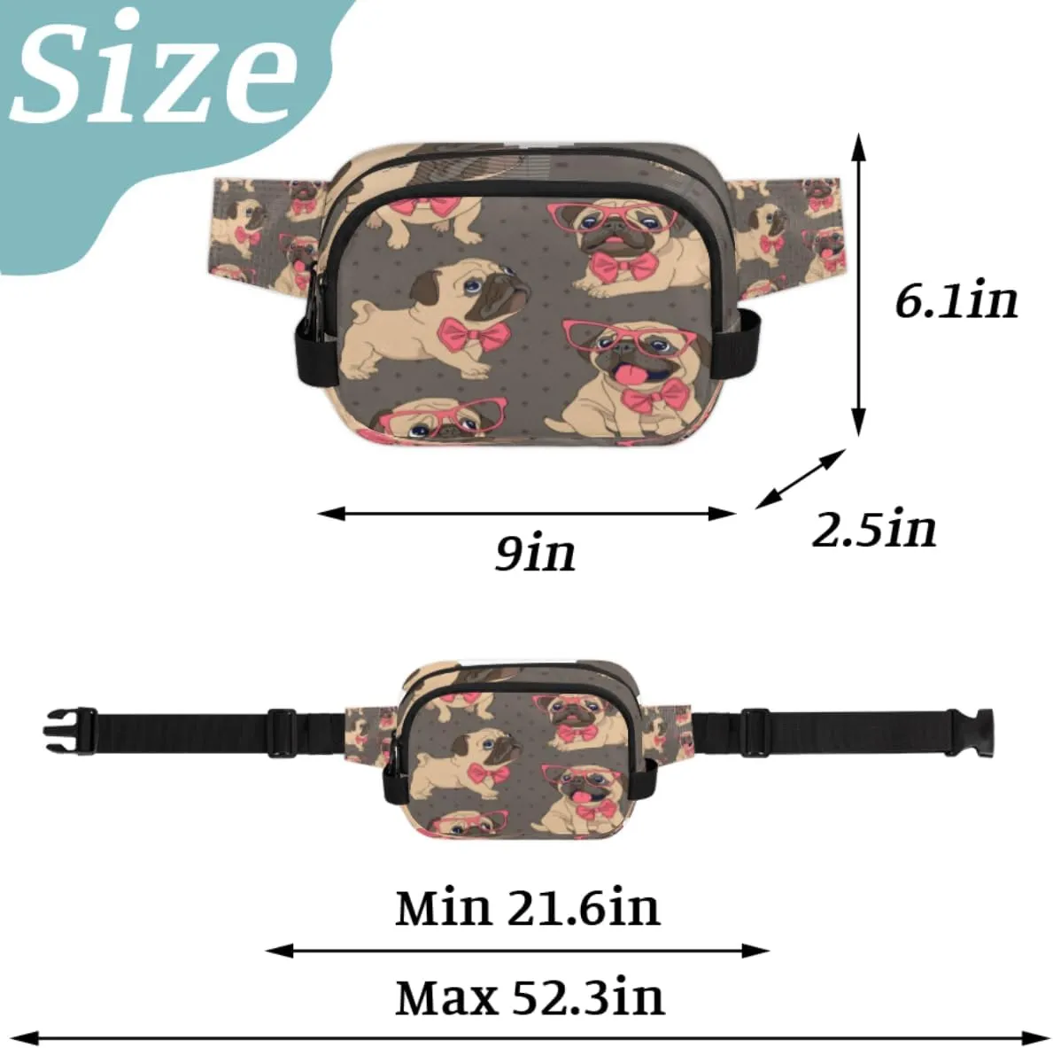 Fanny Pack for Women Men Dog Glasses Crossbody Belt Bag with 3 Zipper Pockets Fashion Waterproof Waist Pack with Adjustable Strap for Travel Running Hiking Cycling