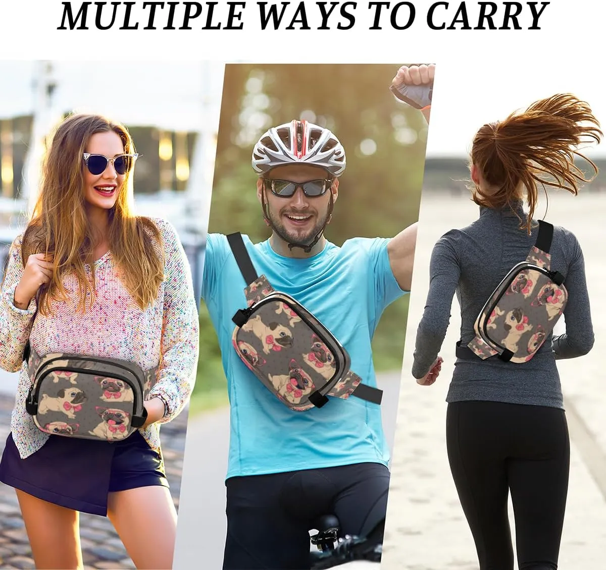 Fanny Pack for Women Men Dog Glasses Crossbody Belt Bag with 3 Zipper Pockets Fashion Waterproof Waist Pack with Adjustable Strap for Travel Running Hiking Cycling