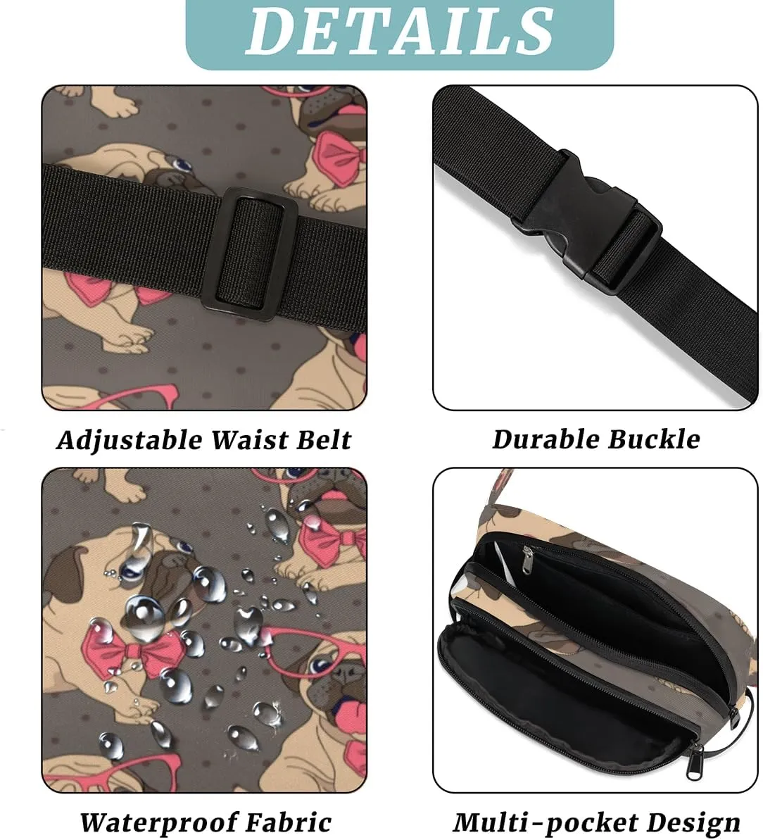 Fanny Pack for Women Men Dog Glasses Crossbody Belt Bag with 3 Zipper Pockets Fashion Waterproof Waist Pack with Adjustable Strap for Travel Running Hiking Cycling