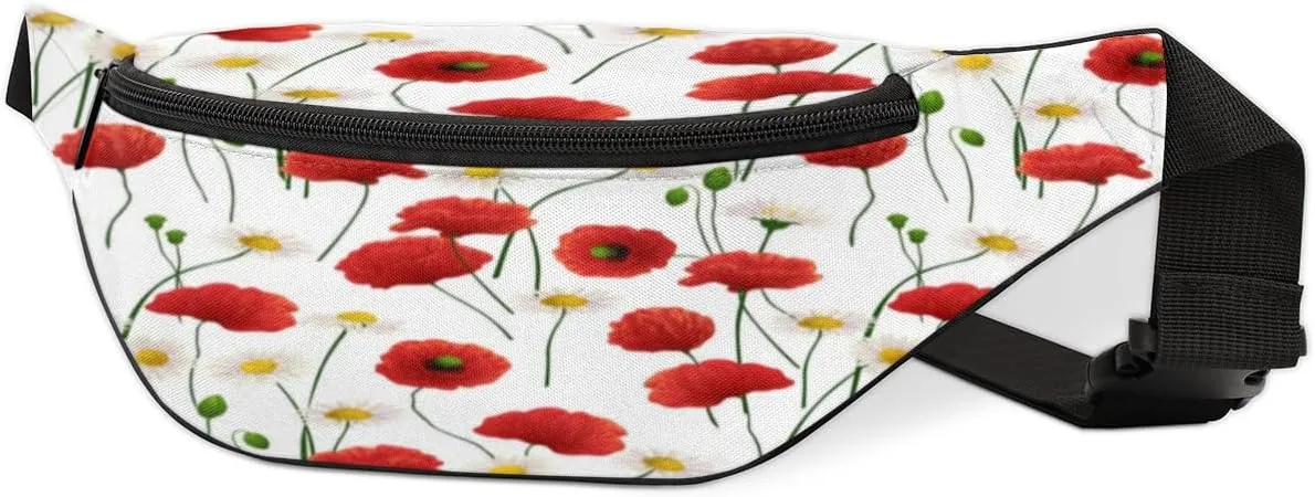 Fanny Pack for Women Men Poppy Daisy Flowers Waist Pack Crossbody Bag with Adjustable Straps for Hiking Running Walking Travel Cycling