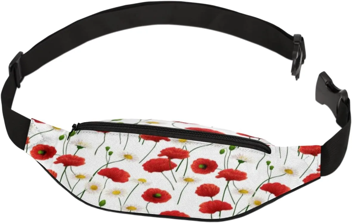 Fanny Pack for Women Men Poppy Daisy Flowers Waist Pack Crossbody Bag with Adjustable Straps for Hiking Running Walking Travel Cycling