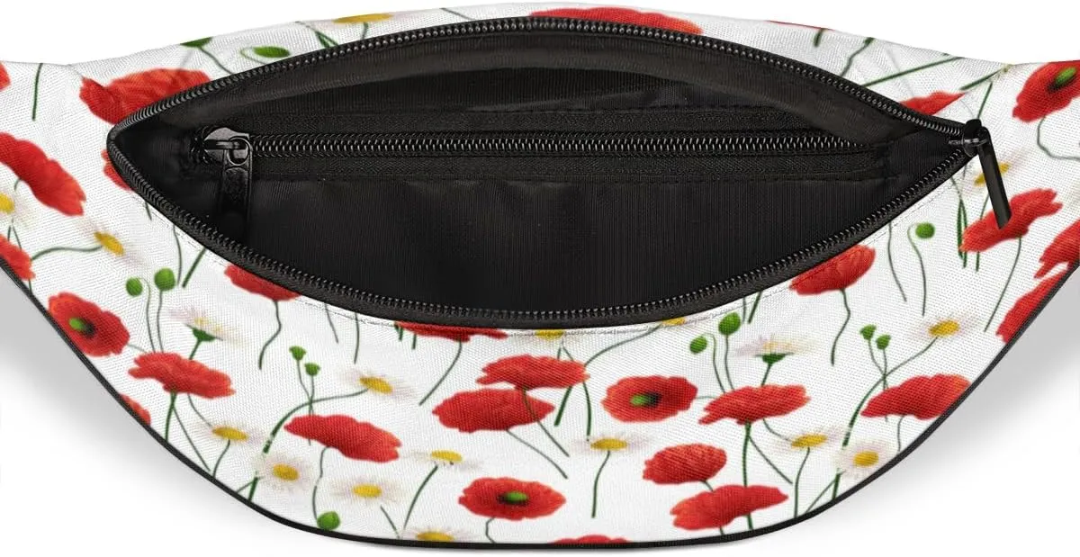 Fanny Pack for Women Men Poppy Daisy Flowers Waist Pack Crossbody Bag with Adjustable Straps for Hiking Running Walking Travel Cycling