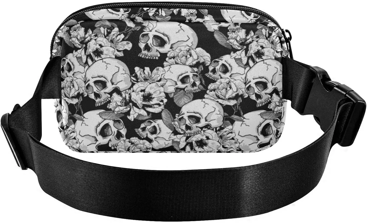 Fashion Waist Pack Crossbody Bags for Women Men with Adjustable Strap, Skull and Flowers Mini Chest Bag Belt Bag for Run Travel Outdoor Cycling Hiking