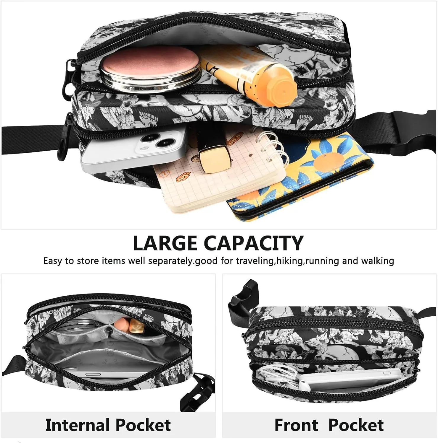 Fashion Waist Pack Crossbody Bags for Women Men with Adjustable Strap, Skull and Flowers Mini Chest Bag Belt Bag for Run Travel Outdoor Cycling Hiking
