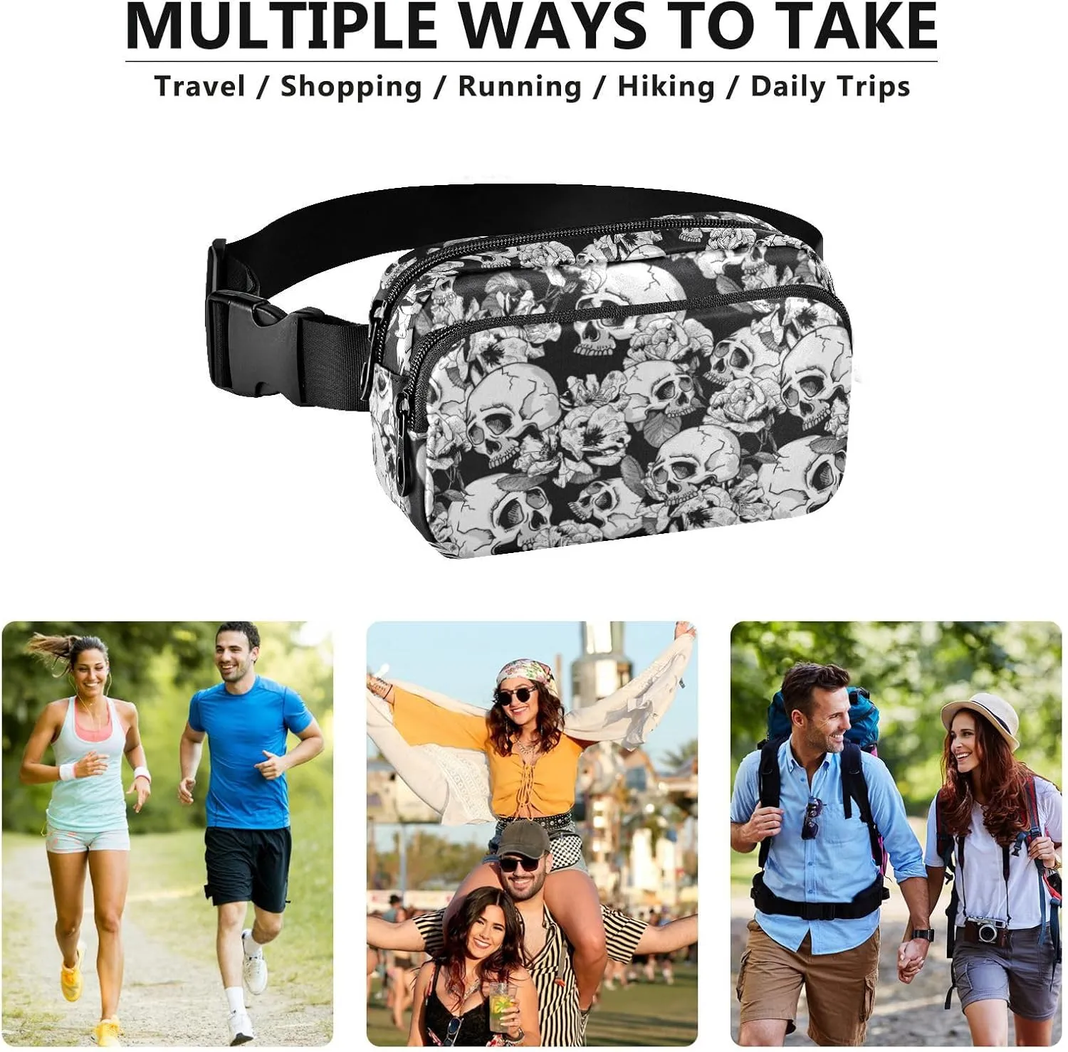 Fashion Waist Pack Crossbody Bags for Women Men with Adjustable Strap, Skull and Flowers Mini Chest Bag Belt Bag for Run Travel Outdoor Cycling Hiking