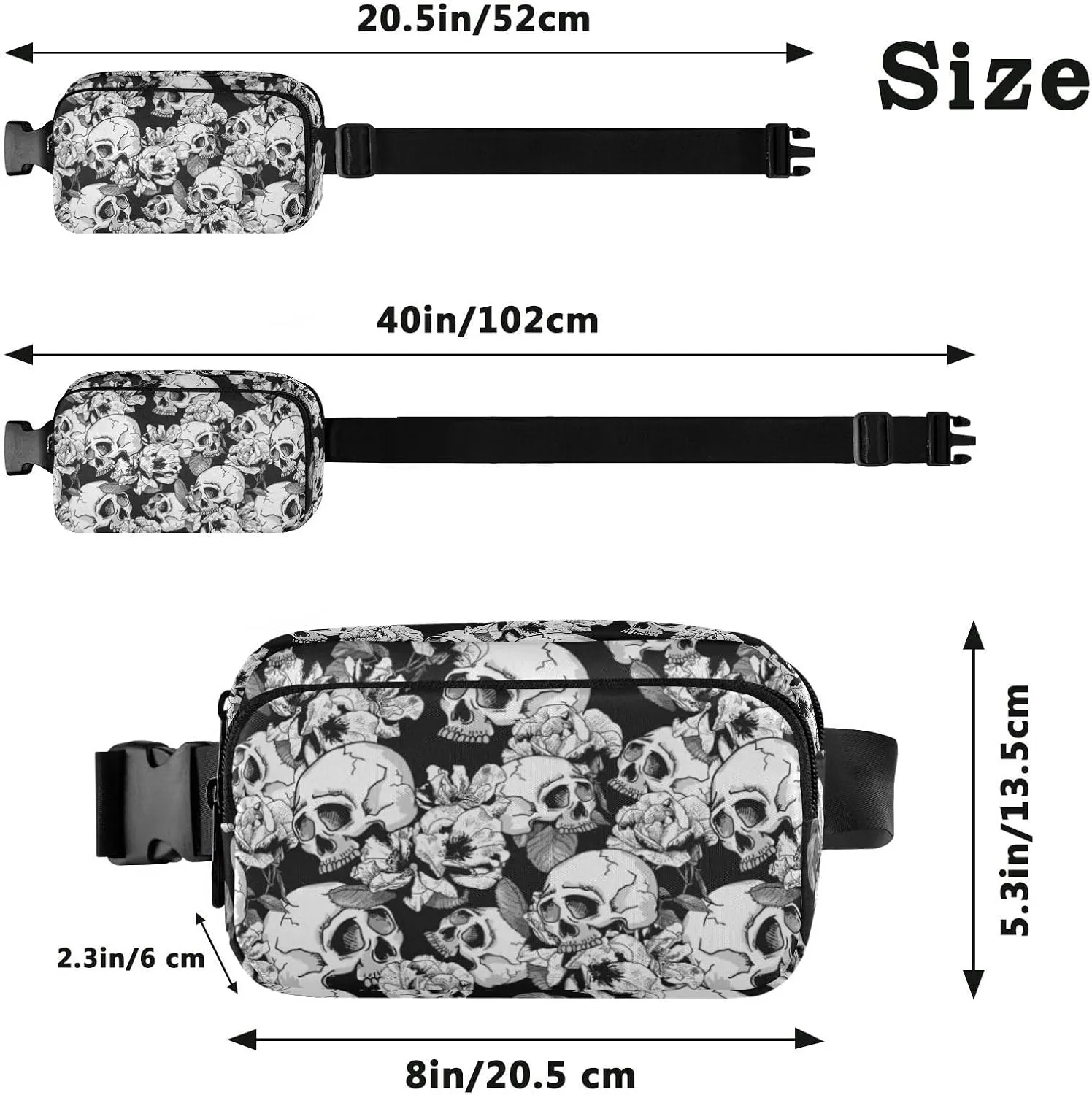 Fashion Waist Pack Crossbody Bags for Women Men with Adjustable Strap, Skull and Flowers Mini Chest Bag Belt Bag for Run Travel Outdoor Cycling Hiking