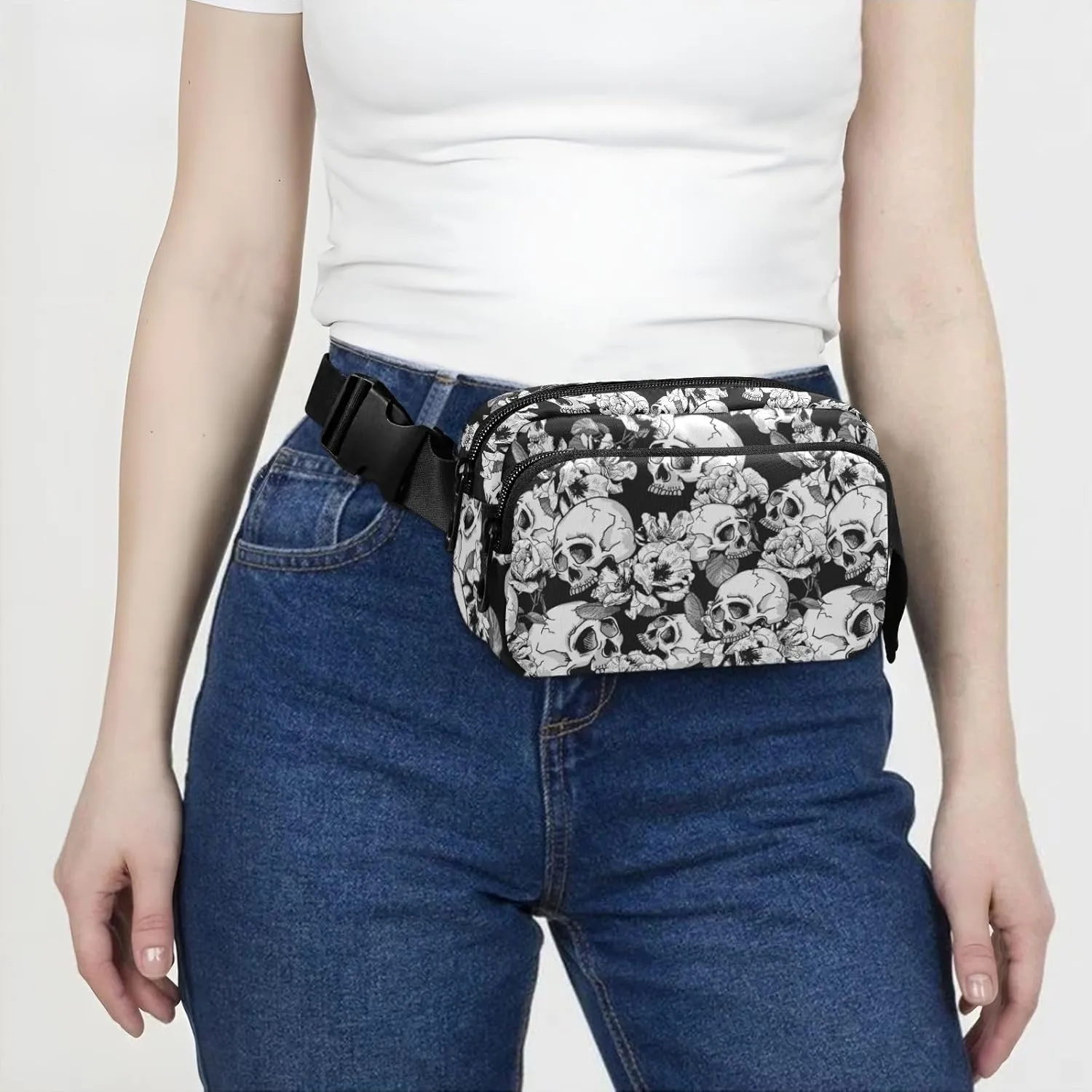 Fashion Waist Pack Crossbody Bags for Women Men with Adjustable Strap, Skull and Flowers Mini Chest Bag Belt Bag for Run Travel Outdoor Cycling Hiking