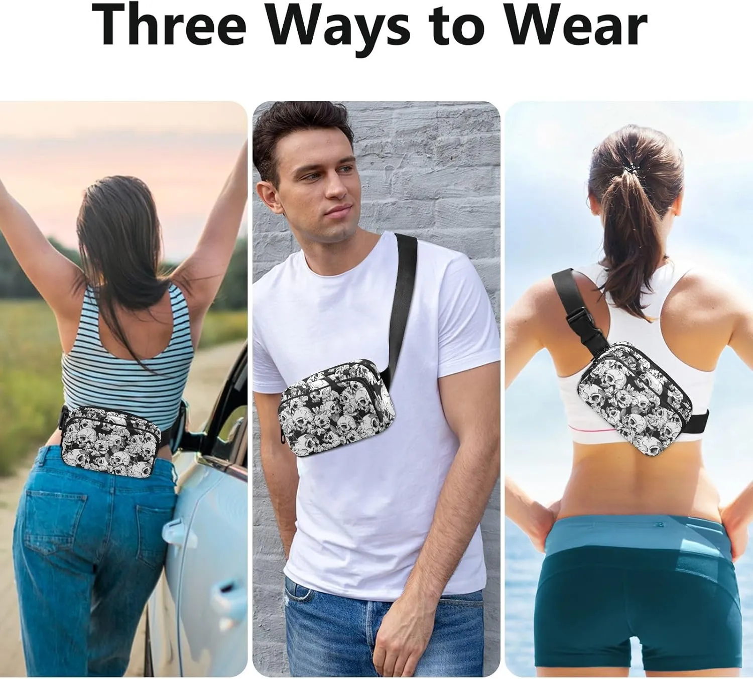 Fashion Waist Pack Crossbody Bags for Women Men with Adjustable Strap, Skull and Flowers Mini Chest Bag Belt Bag for Run Travel Outdoor Cycling Hiking