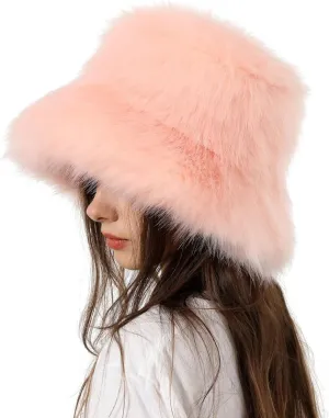 Faux Fur Bucket Hats Winter Warm Wide Brim Fisherman Cap for Women Fluffy Fuzzy Bucket Hat