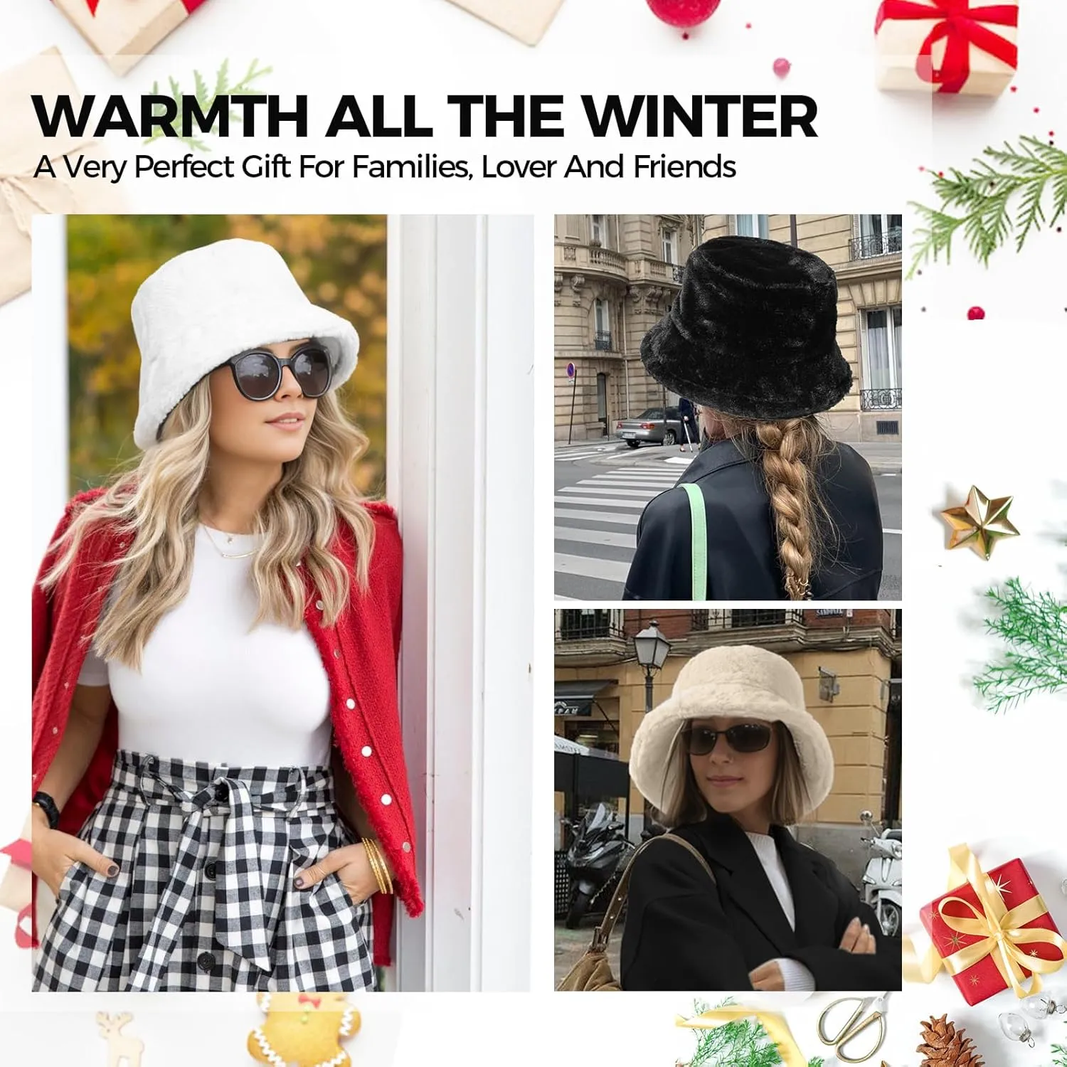 Faux Fur Winter Bucket Hat for Women Men Fuzzy Warm Hat Women's Furry Fisherman Cap for Casual, Trips, Sports, Skiing