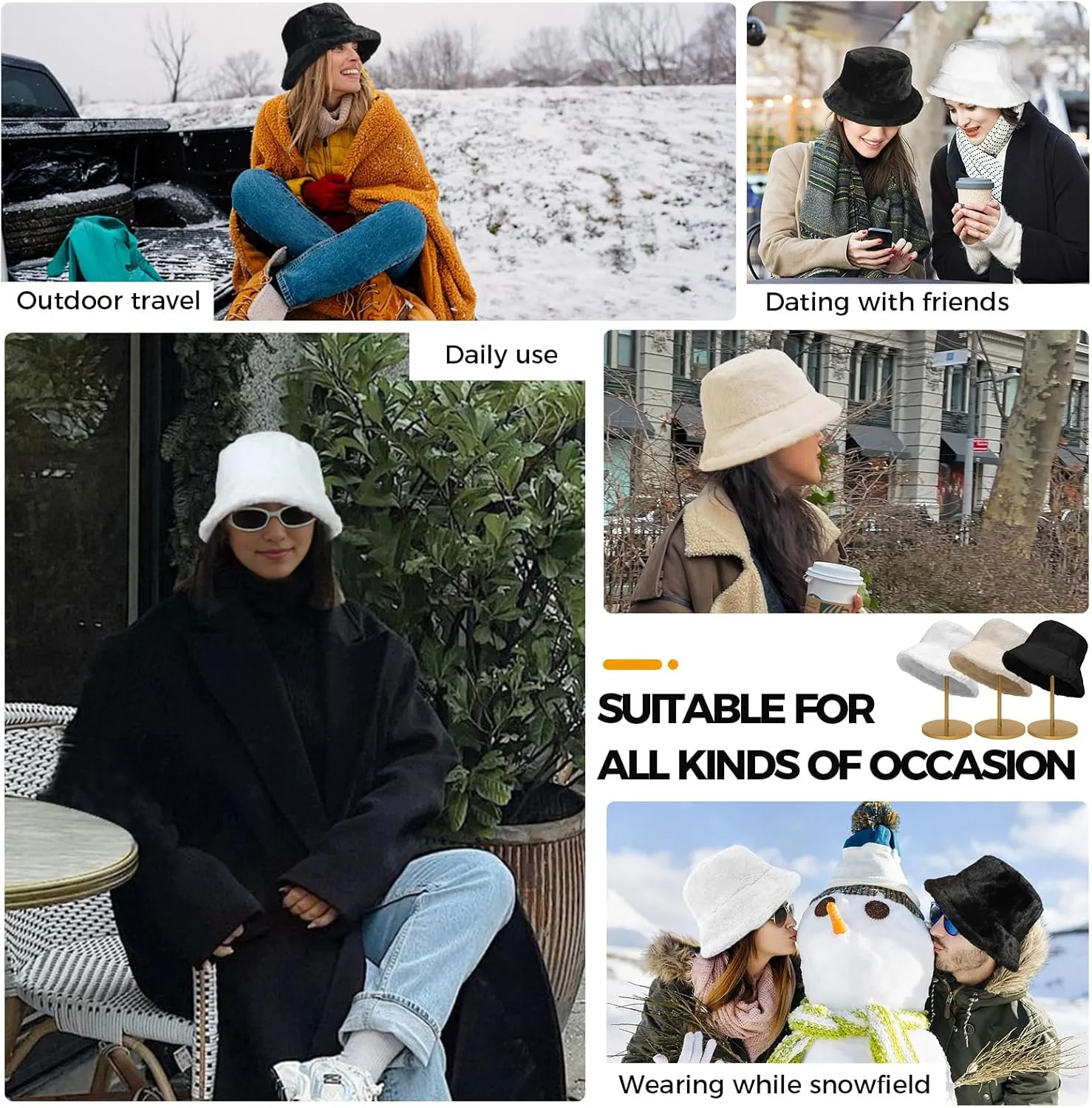 Faux Fur Winter Bucket Hat for Women Men Fuzzy Warm Hat Women's Furry Fisherman Cap for Casual, Trips, Sports, Skiing