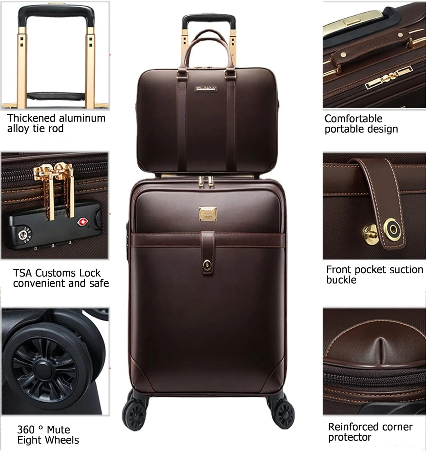 feilario 2Pcs Leather Business Spinner Wheel Luggage Waterproof Carry-On Suitcase with TSA Lock - Capacity 36-55L