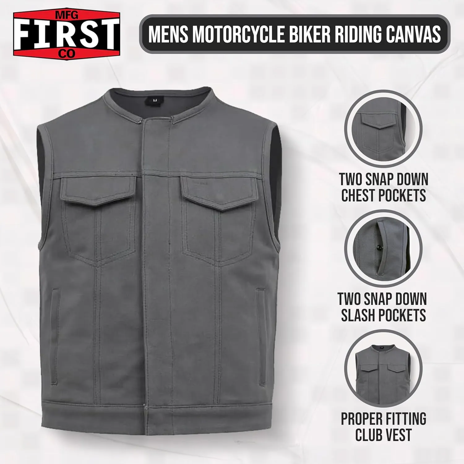 First Mfg Co - Lowside - Mens Motorcycle Biker Riding Canvas, Leather, Twill, Perforated Leather Vest