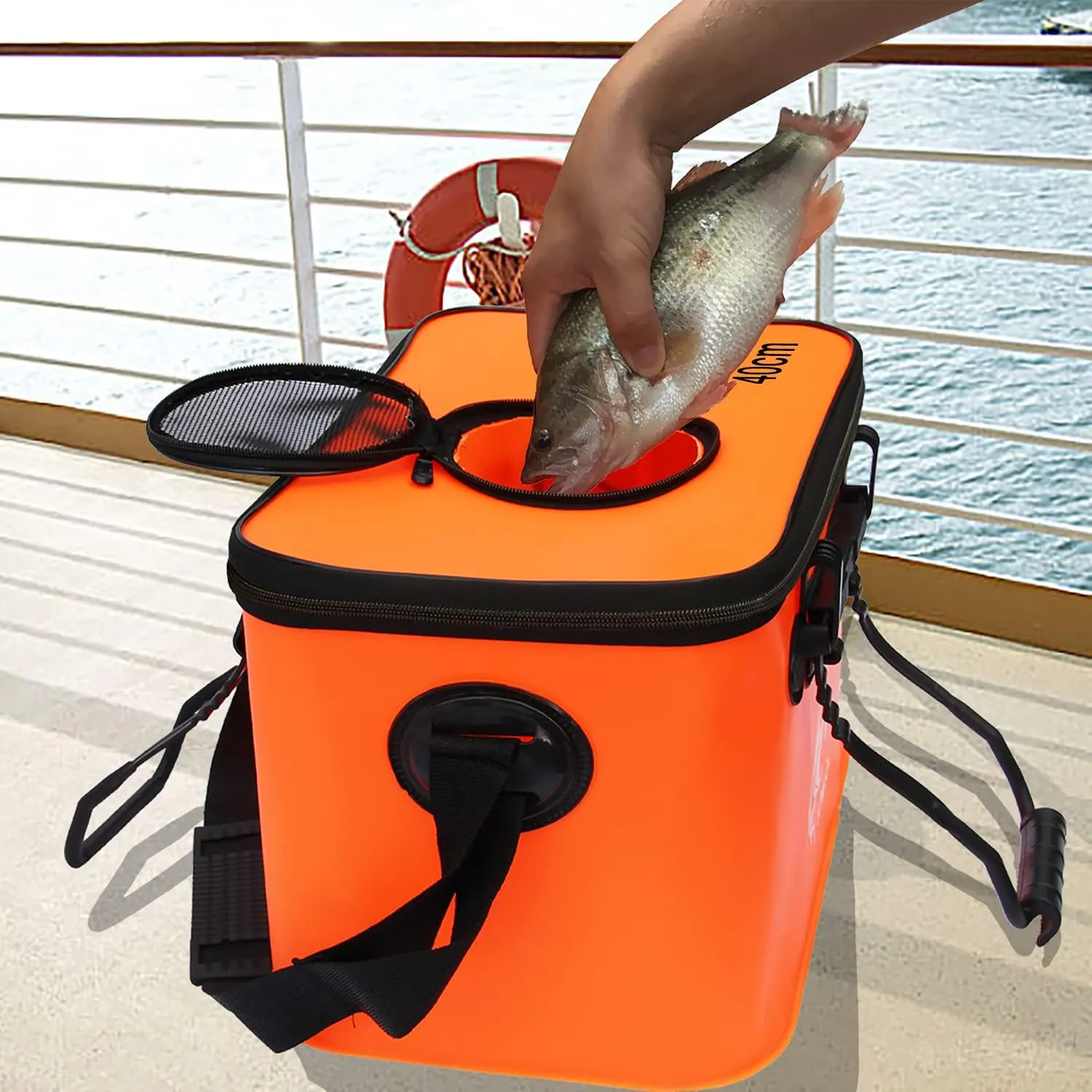 Fishing Bucket,Foldable Fish Bucket, Multi-Functional EVA Fishing Bag for Outdoor, Live Fish Lures Bucket and Fish Protection Bucket,10GAL/8GAL/6GAL/4.8GAL/3GAL Live Fish Container(6GAL/Orange)