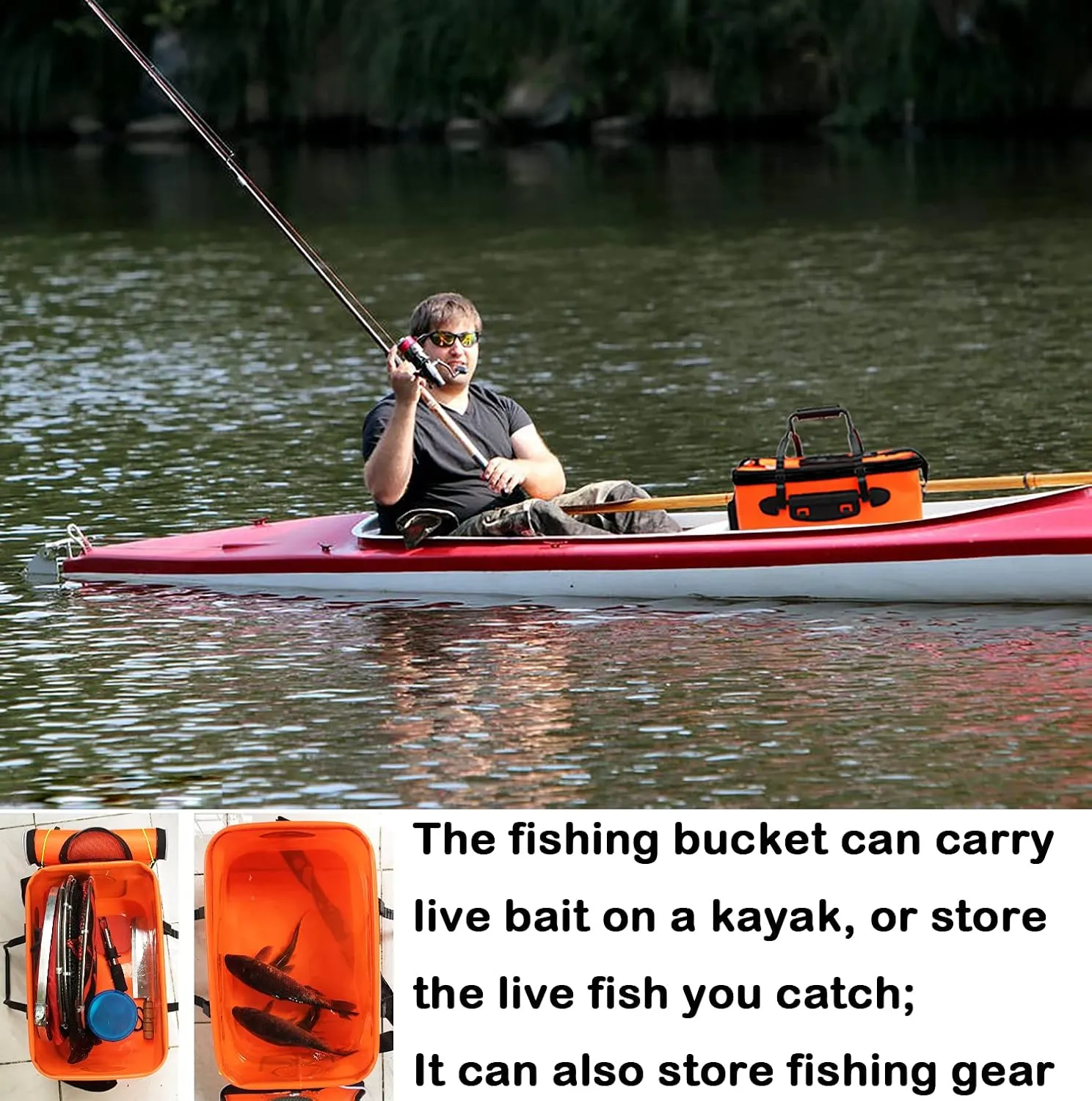 Fishing Bucket,Foldable Fish Bucket, Multi-Functional EVA Fishing Bag for Outdoor, Live Fish Lures Bucket and Fish Protection Bucket,10GAL/8GAL/6GAL/4.8GAL/3GAL Live Fish Container(6GAL/Orange)