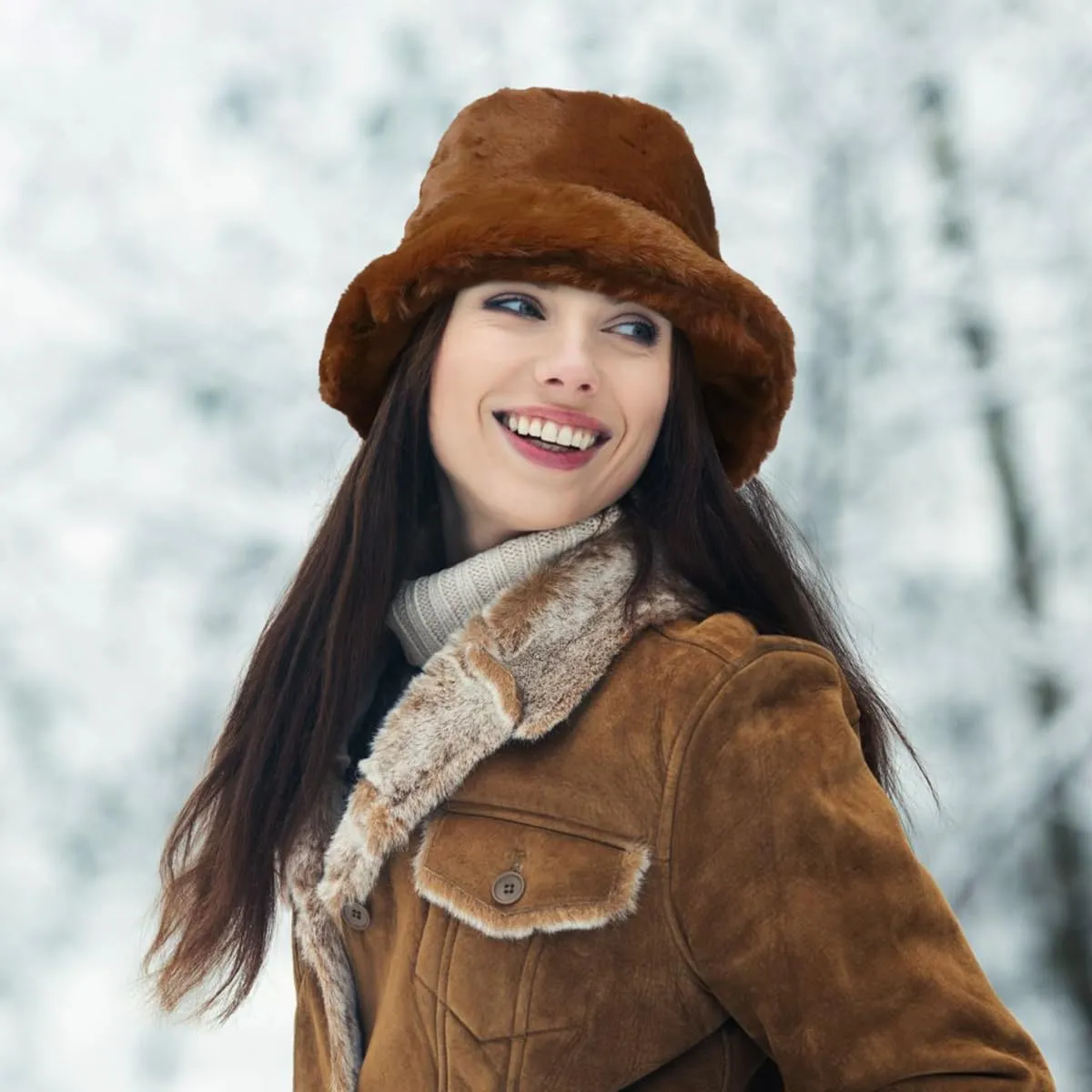 Fluffy Faux Fur Bucket Hat Winter Warm Hat for Women Men