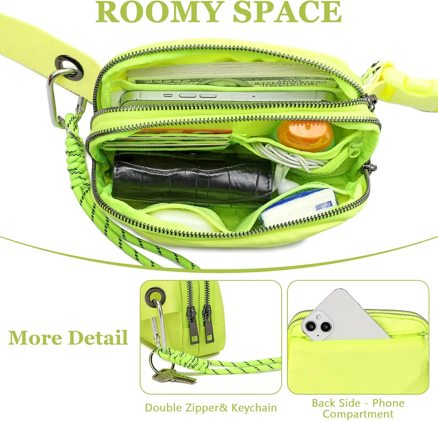 FODOKO Fanny Packs for Women Men, Fashionable Belt Bag Waist Pack for Women with Adjustable Strap, Bum Bag for Running Hiking Travel Workout (NeonGreen)