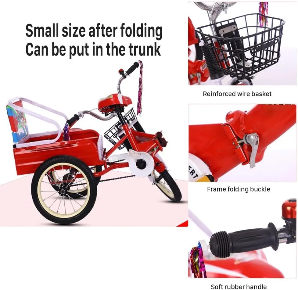 Foldable Kids Tricycle with Storage Bucket - High Carbon Steel 3-Wheel Baby Trike, Adjustable Padded Seat, Shock-Absorbing Fork - Stable Ride-On Toy W/Passenger Seat, Gift for Toddlers,Blue,Sty