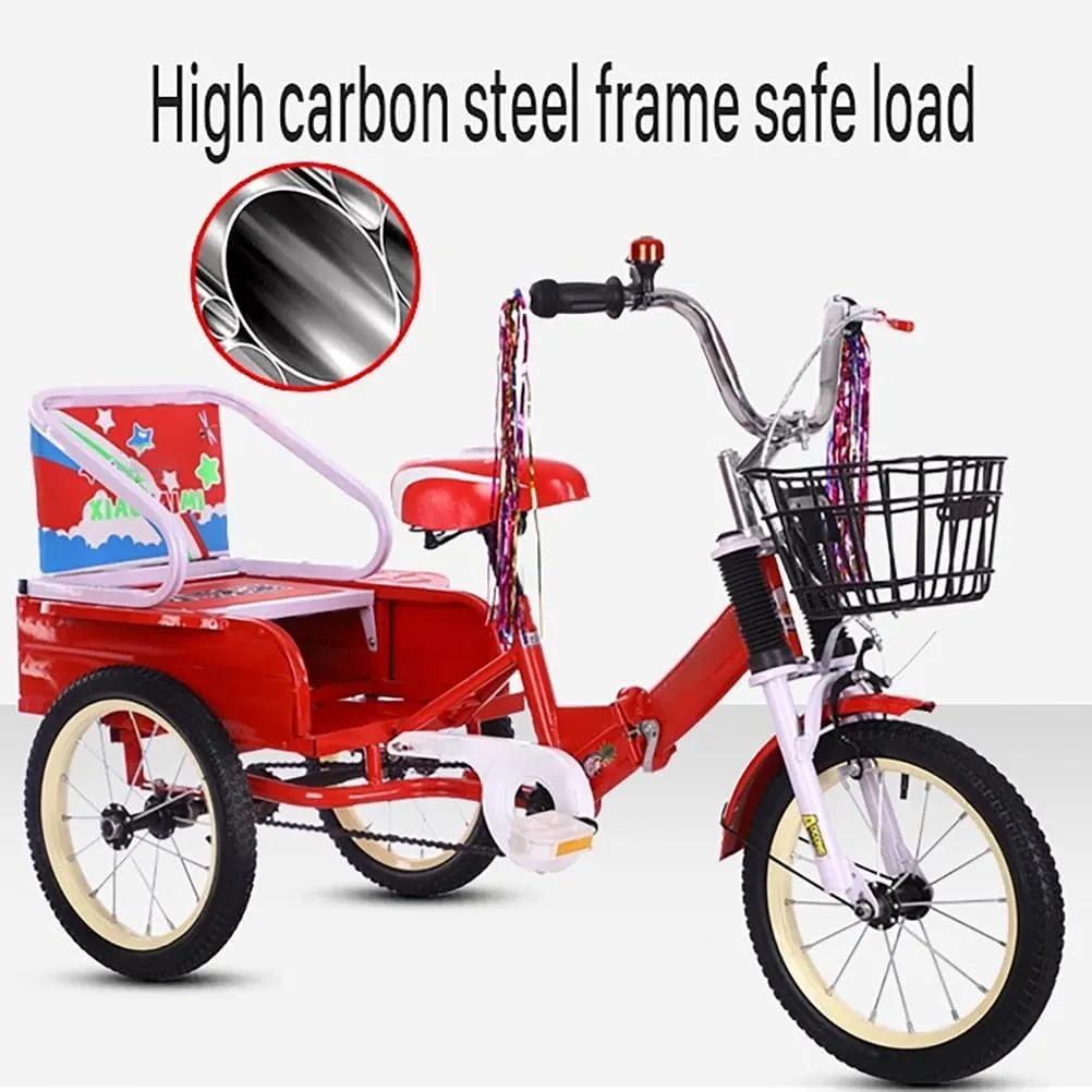 Foldable Kids Tricycle with Storage Bucket - High Carbon Steel 3-Wheel Baby Trike, Adjustable Padded Seat, Shock-Absorbing Fork - Stable Ride-On Toy W/Passenger Seat, Gift for Toddlers,Blue,Sty