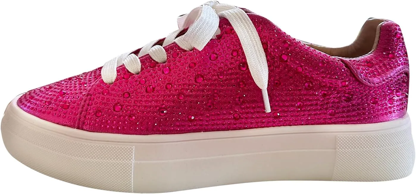 Forever Link Women Round Toe Rhinestone Crystal Embellished Lace Up Sneakers