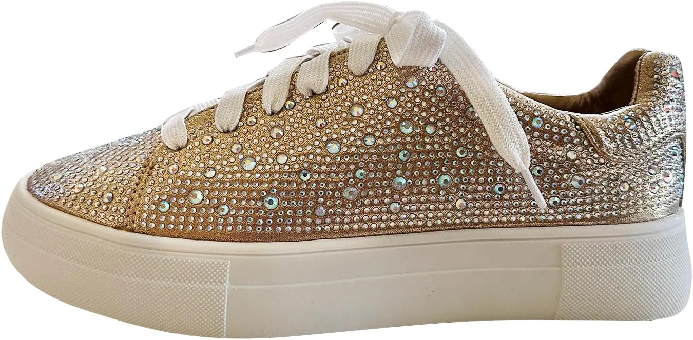 Forever Link Women Round Toe Rhinestone Crystal Embellished Lace Up Sneakers