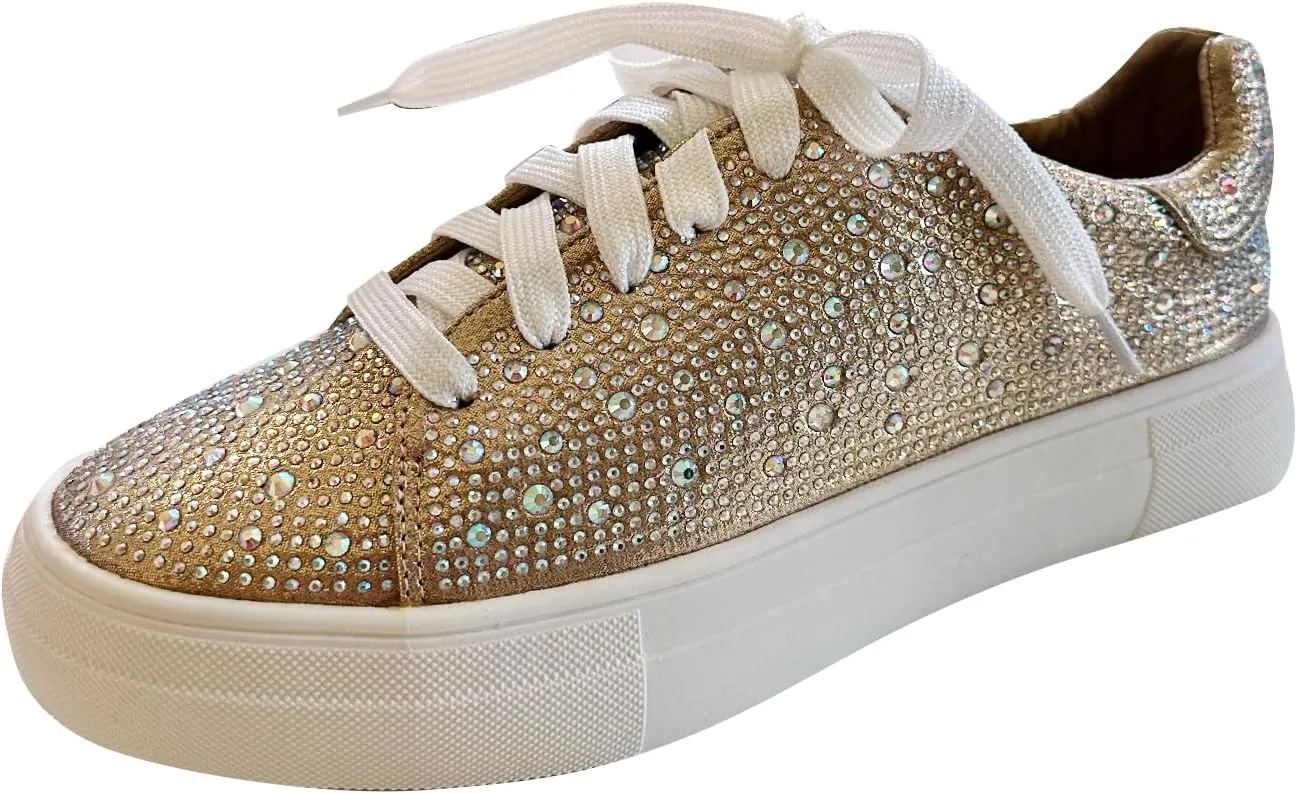 Forever Link Women Round Toe Rhinestone Crystal Embellished Lace Up Sneakers