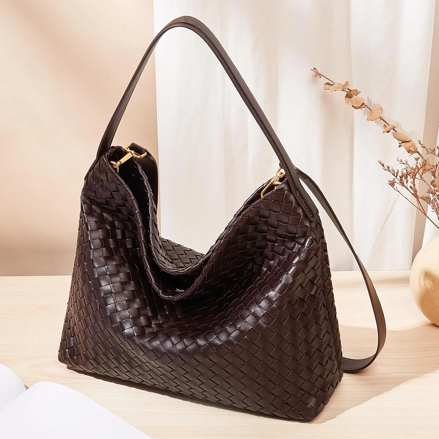 FOXLOVER Vegan Faux Leather Weave Bucket Handbag for Women Fashion Ladies Simplicity Crossbody Handbag Shoulder Purse