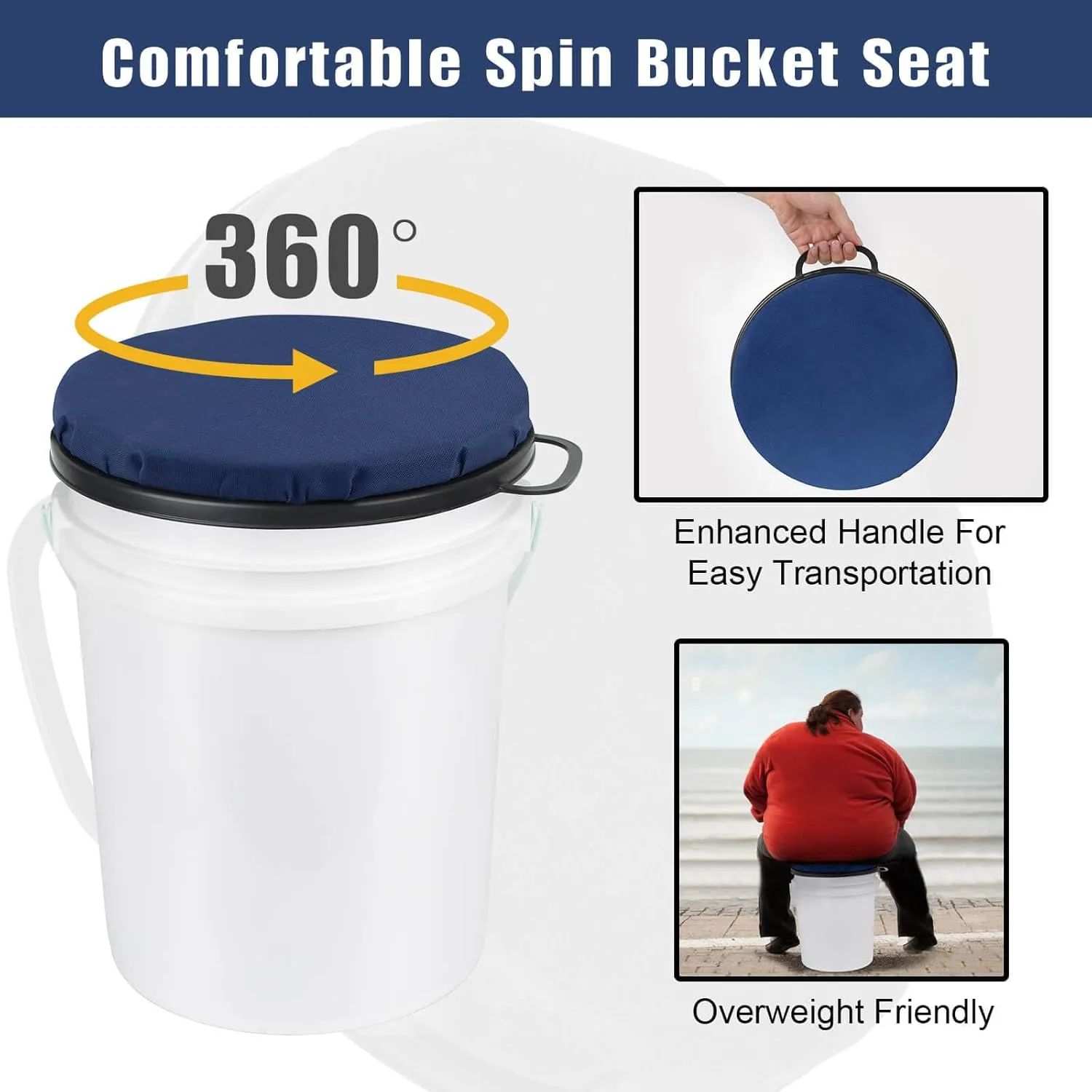 Foxtune 360-Degree Swivel Bucket Seat, 5 Gallon Bucket Lid, Spin Bucket Seat Cushion, Silent, Comfortable, Water-Resistant, for Fishing, Gardening, Hunting and Camping (Dark Blue)