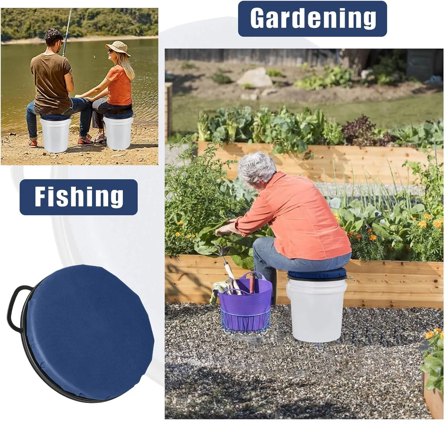 Foxtune 360-Degree Swivel Bucket Seat, 5 Gallon Bucket Lid, Spin Bucket Seat Cushion, Silent, Comfortable, Water-Resistant, for Fishing, Gardening, Hunting and Camping (Dark Blue)