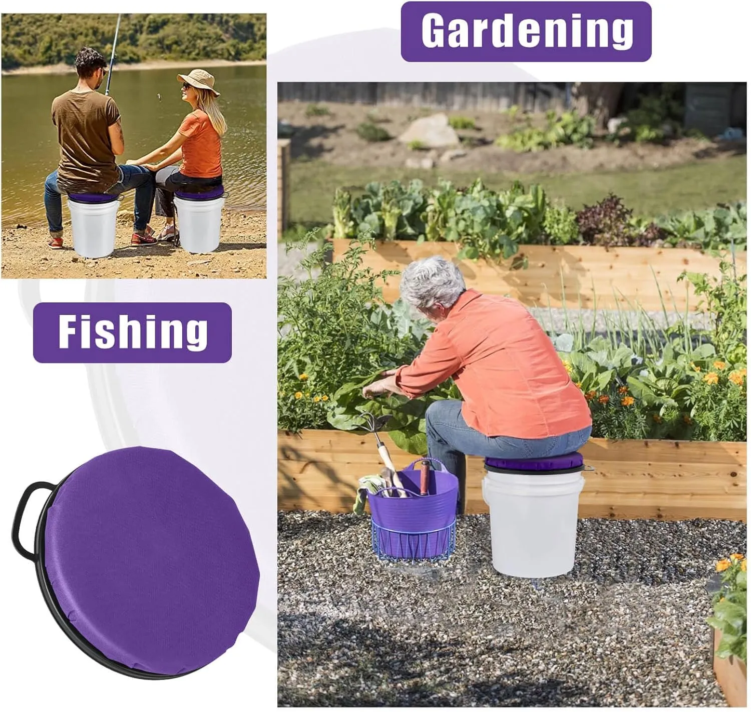 Foxtune 360-Degree Swivel Bucket Seat, 5 Gallon Bucket Lid, Spin Bucket Seat Cushion, Silent, Comfortable, Water-Resistant, for Fishing, Gardening, Hunting and Camping (Purple)