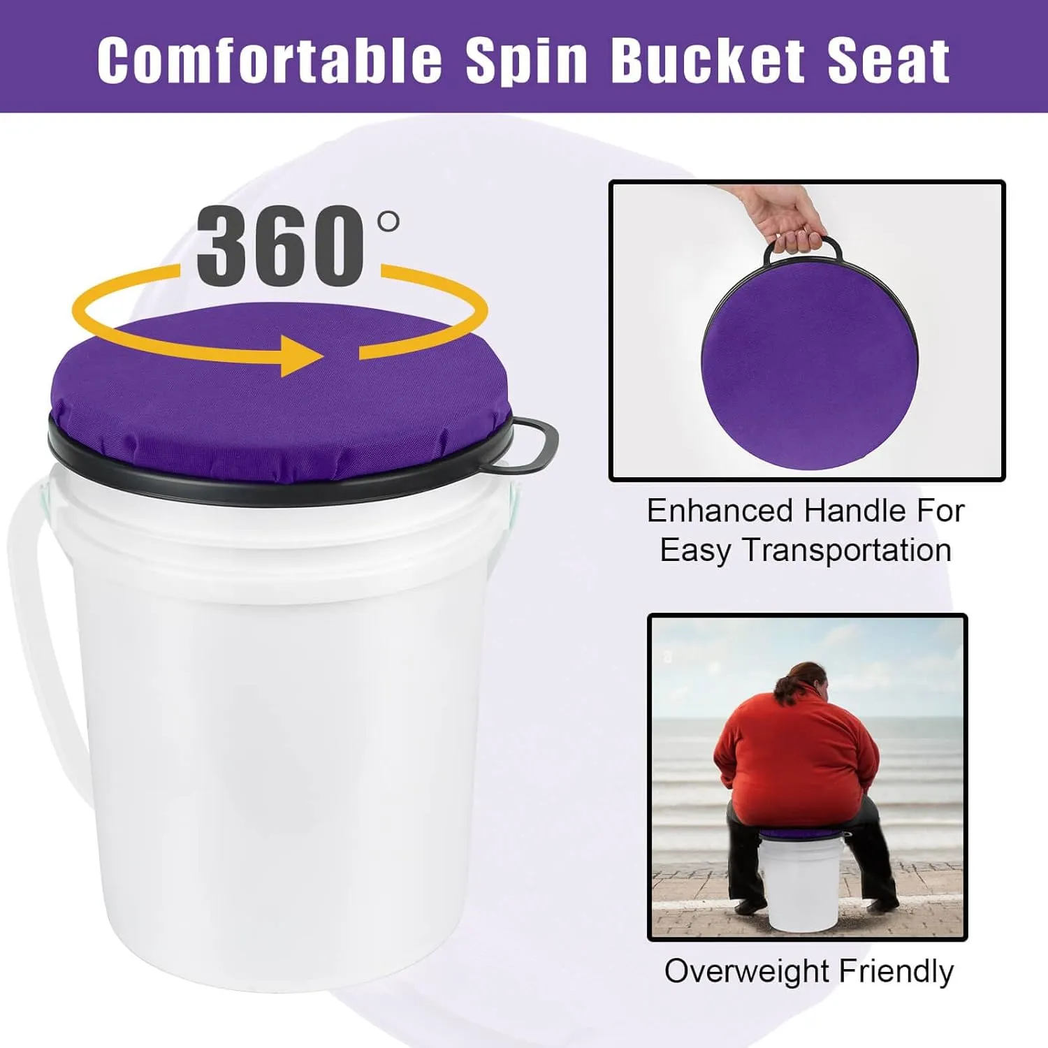 Foxtune 360-Degree Swivel Bucket Seat, 5 Gallon Bucket Lid, Spin Bucket Seat Cushion, Silent, Comfortable, Water-Resistant, for Fishing, Gardening, Hunting and Camping (Purple)