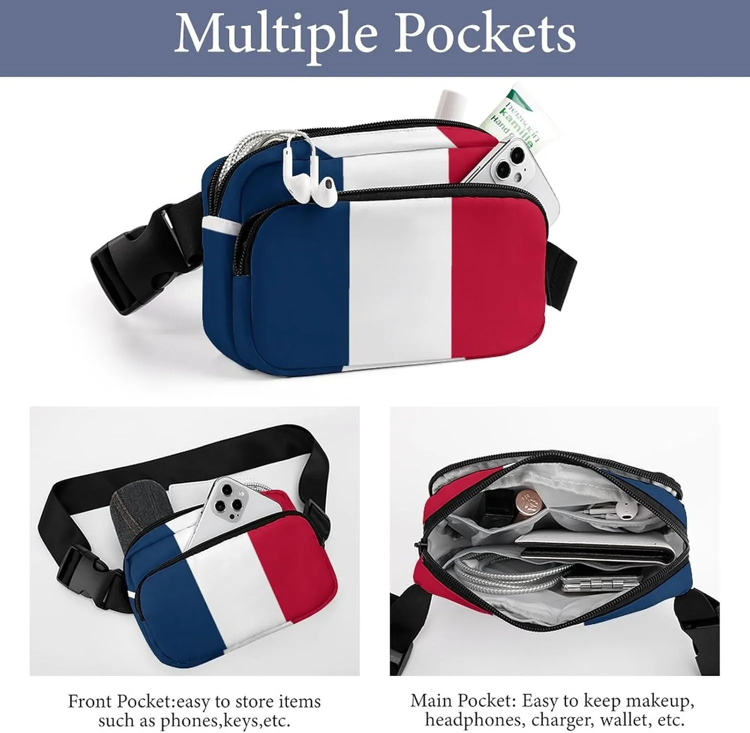 France Flag Unisex Mini Belt Bag with Adjustable Strap Small Fanny Pack Crossbody Chest Bag