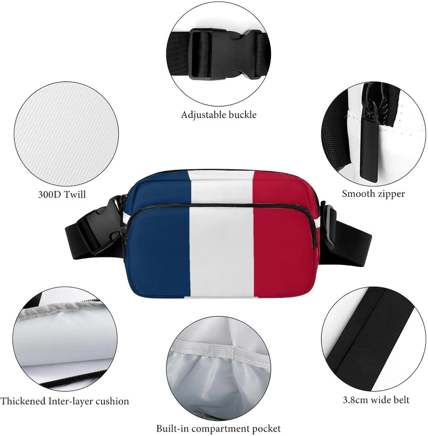 France Flag Unisex Mini Belt Bag with Adjustable Strap Small Fanny Pack Crossbody Chest Bag
