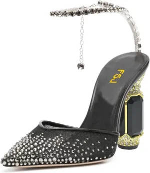 FSJ Women Bridal Heeled Sandals Pointy Toe Crystal Chain Ankle Strap Pumps Luxury Rhinestone Embellished Chunky Heels Wedding Party Dress Shoes Size 4-16 US