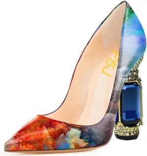 FSJ Women Bridal Pointed Toe Chunky High Heel Crystal Pumps Slip on Wedding Thick Comfort Unique Shoes Size 4-15 US