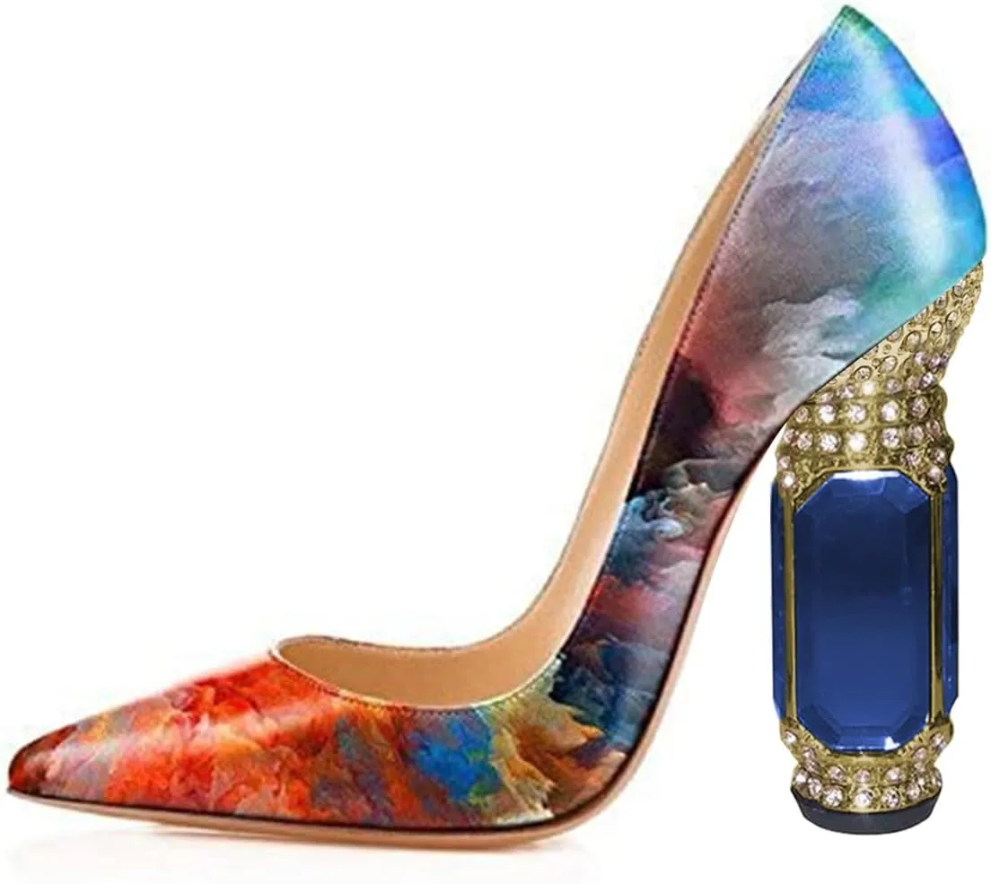 FSJ Women Bridal Pointed Toe Chunky High Heel Crystal Pumps Slip on Wedding Thick Comfort Unique Shoes Size 4-15 US