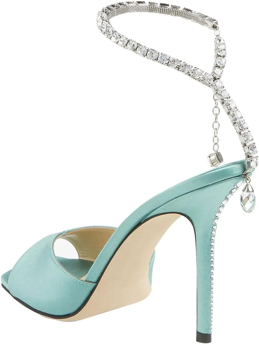 FSJ Women Crystal Chain Ankle Straps Heeled Sandals Square Open Toe Rhinestones Buckle Sexy Strappy Stiletto Evening Party Dress Shoes Size 4-15 US