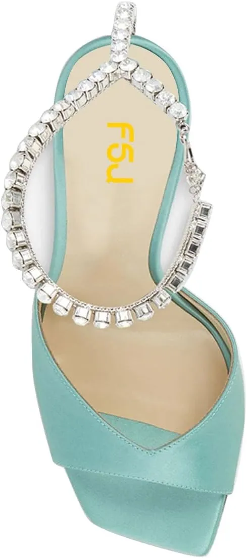FSJ Women Crystal Chain Ankle Straps Heeled Sandals Square Open Toe Rhinestones Buckle Sexy Strappy Stiletto Evening Party Dress Shoes Size 4-15 US