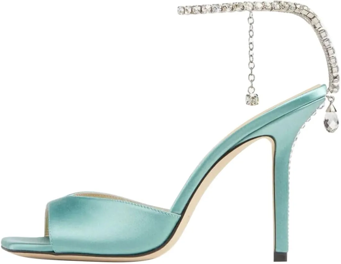 FSJ Women Crystal Chain Ankle Straps Heeled Sandals Square Open Toe Rhinestones Buckle Sexy Strappy Stiletto Evening Party Dress Shoes Size 4-15 US