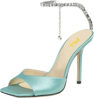 FSJ Women Crystal Chain Ankle Straps Heeled Sandals Square Open Toe Rhinestones Buckle Sexy Strappy Stiletto Evening Party Dress Shoes Size 4-15 US