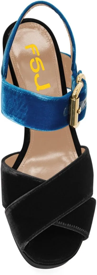 FSJ Women Peep Toe Chunky High Heels Platform Sandals Ankle Strap Velvet & Suede Summer Dress Wedding Prom Shoes Size 4-15 US