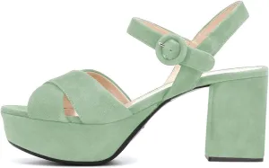 FSJ Women Peep Toe Chunky High Heels Platform Sandals Ankle Strap Velvet & Suede Summer Dress Wedding Prom Shoes Size 4-15 US