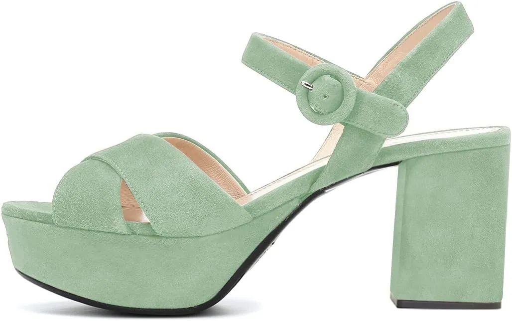 FSJ Women Peep Toe Chunky High Heels Platform Sandals Ankle Strap Velvet & Suede Summer Dress Wedding Prom Shoes Size 4-15 US