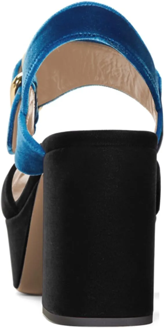 FSJ Women Peep Toe Chunky High Heels Platform Sandals Ankle Strap Velvet & Suede Summer Dress Wedding Prom Shoes Size 4-15 US