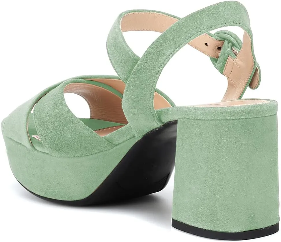 FSJ Women Peep Toe Chunky High Heels Platform Sandals Ankle Strap Velvet & Suede Summer Dress Wedding Prom Shoes Size 4-15 US