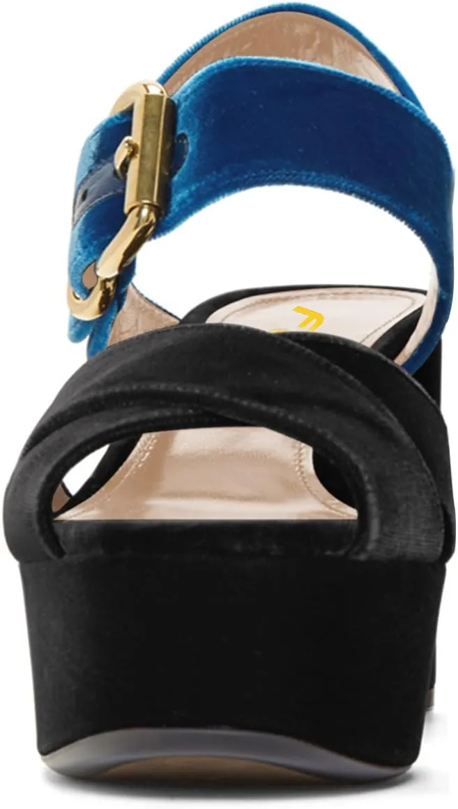 FSJ Women Peep Toe Chunky High Heels Platform Sandals Ankle Strap Velvet & Suede Summer Dress Wedding Prom Shoes Size 4-15 US