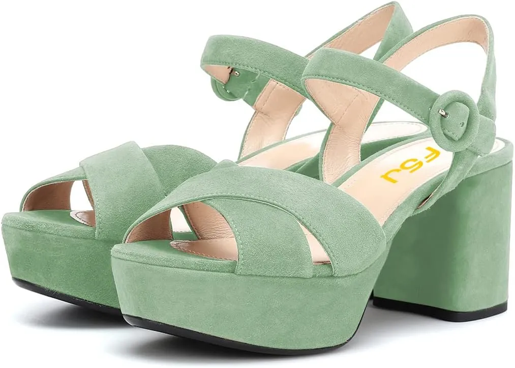 FSJ Women Peep Toe Chunky High Heels Platform Sandals Ankle Strap Velvet & Suede Summer Dress Wedding Prom Shoes Size 4-15 US
