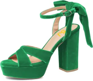 FSJ Women Platform Chunky High Heel Sandals Velvet Peep Toe Bowtie Ankle Strap with Buckle Party Evening Dress Pumps Shoes Size 4-15 US